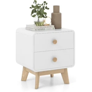 Wooden Mid-Century Modern Nightstand with 2 Drawers and Round Knobs