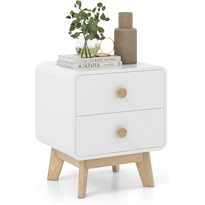 Wooden Mid-Century Modern Nightstand with 2 Drawers and Round Knobs
