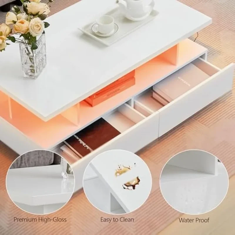 Rectangular LED Modern Coffee Table with High Gloss Finish and Storage Drawers - Image 3