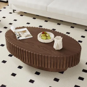 Oval Fluted Engineered Wood Mid-Century Modern Coffee Table with Pedestal Base