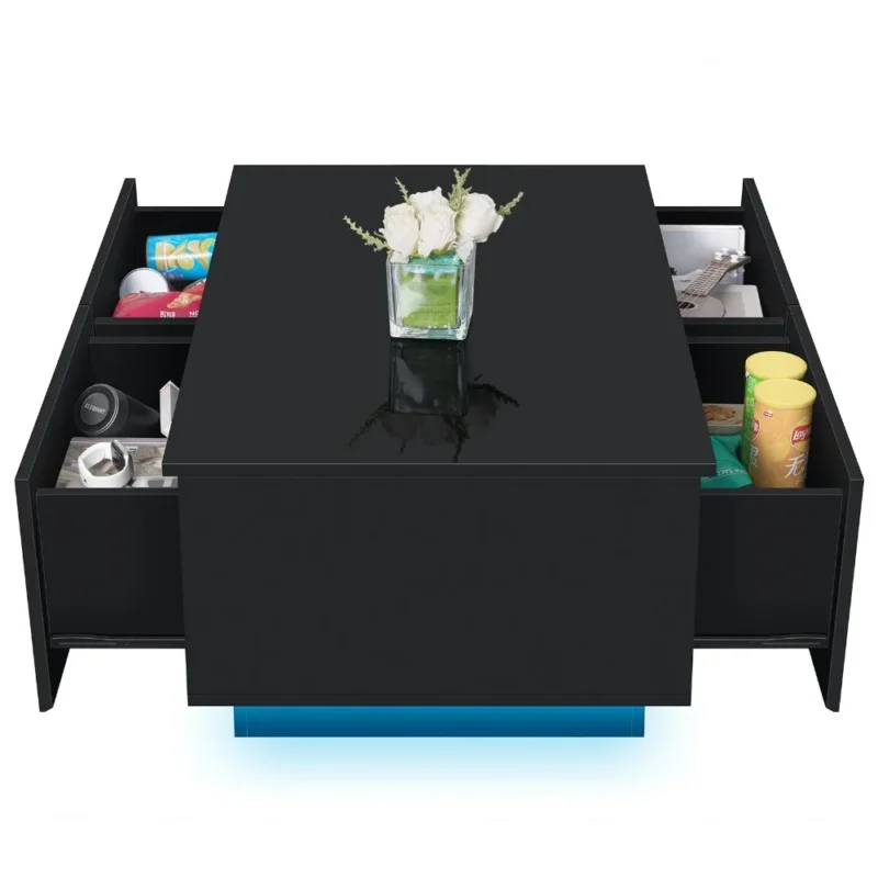 Rectangular Black High Gloss Coffee Table with 4 Drawers Modern Living Room Storage - Image 6