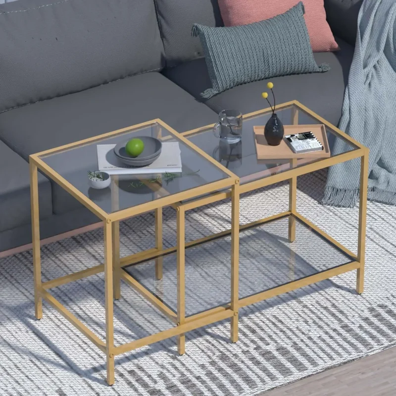Square Nesting Glass Tables Set of 2 Mid-Century Modern Side Tables Black and Gold - Image 7