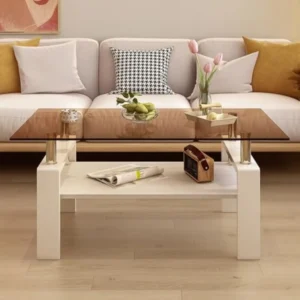 Rectangular Glass Top Mid-Century Modern Coffee Table with Wooden Shelf