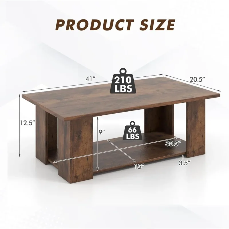 Rectangular Wood Mid-Century Modern Coffee Table with Two-Tier Storage - Image 3