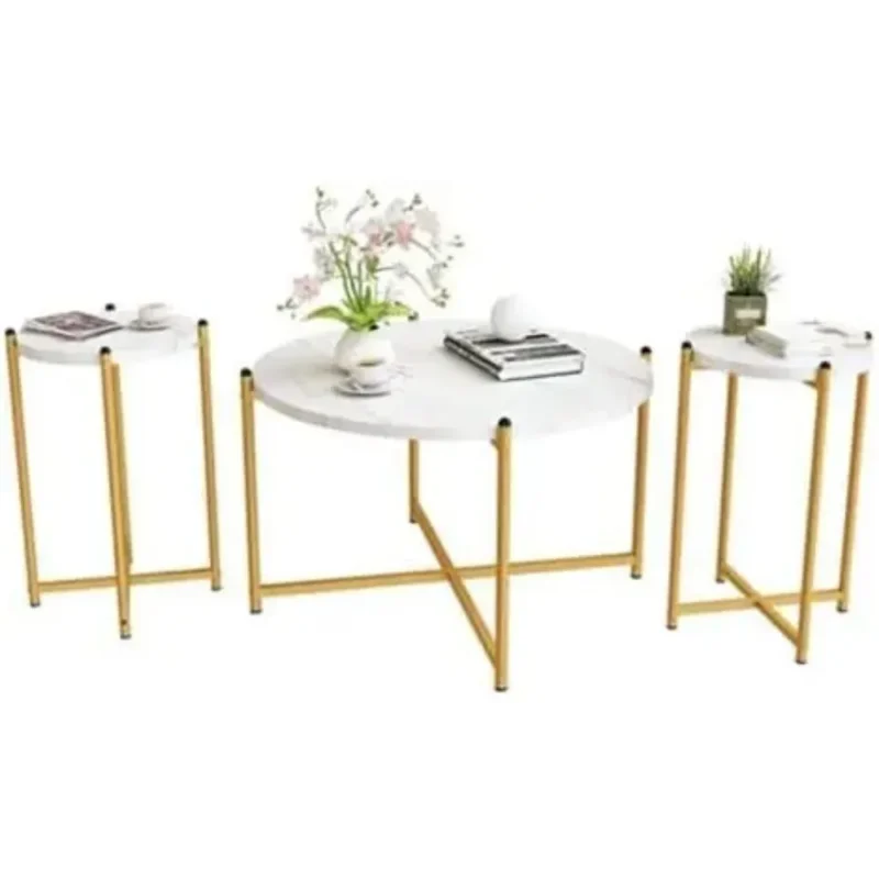 Round Faux Marble 3-Piece Mid-Century Modern Coffee Table Set with Metal Frame - Image 5