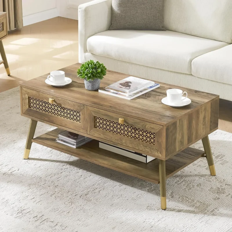Rectangular Black Wood Mid-Century Modern Coffee Table with Storage Drawers - Image 8