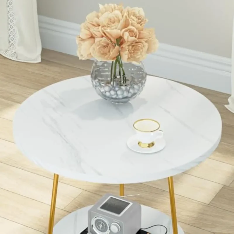 Round Faux Marble Two-Tier Mid-Century Modern Side Table with Gold Base - Image 6