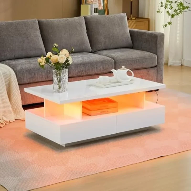 Rectangular LED Modern Coffee Table with High Gloss Finish and Storage Drawers - Image 6