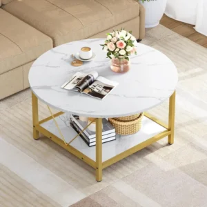 Round Walnut Two-Tier Mid-Century Modern Coffee Table with Storage Shelf