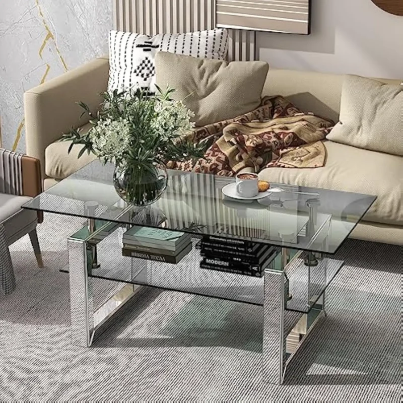 Rectangular Mirrored Glass Mid-Century Modern Coffee Table with Steel Frame - Image 6