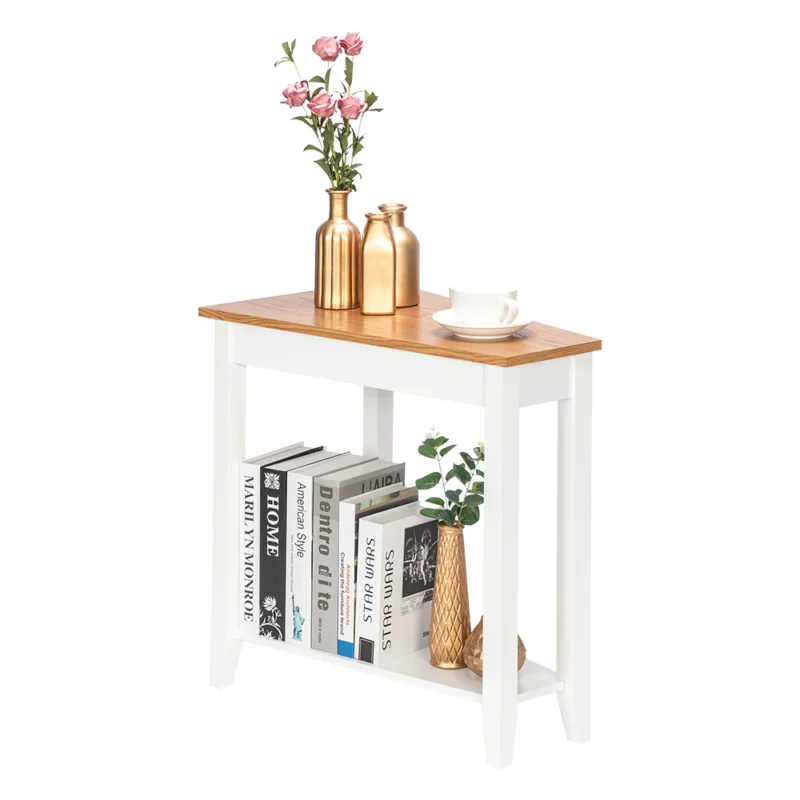 Rectangular White Two-Tier Mid-Century Modern Side Table with Natural Wood Legs - Image 4