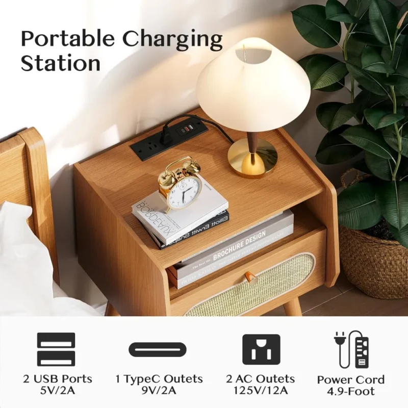 Modern Mid-Century Nightstand Set with Charging Station & Rattan Drawer - Image 3