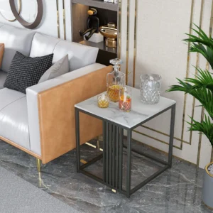 Rectangular Marble Top Mid-Century Modern Side Table with Iron Base