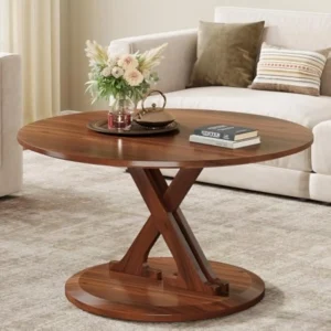 Round Walnut Wood Mid-Century Modern Coffee Table with X-Shaped Base