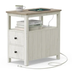 Rectangular Minimalist Modern Side Table with USB Charging Station and Dual Storage Drawers