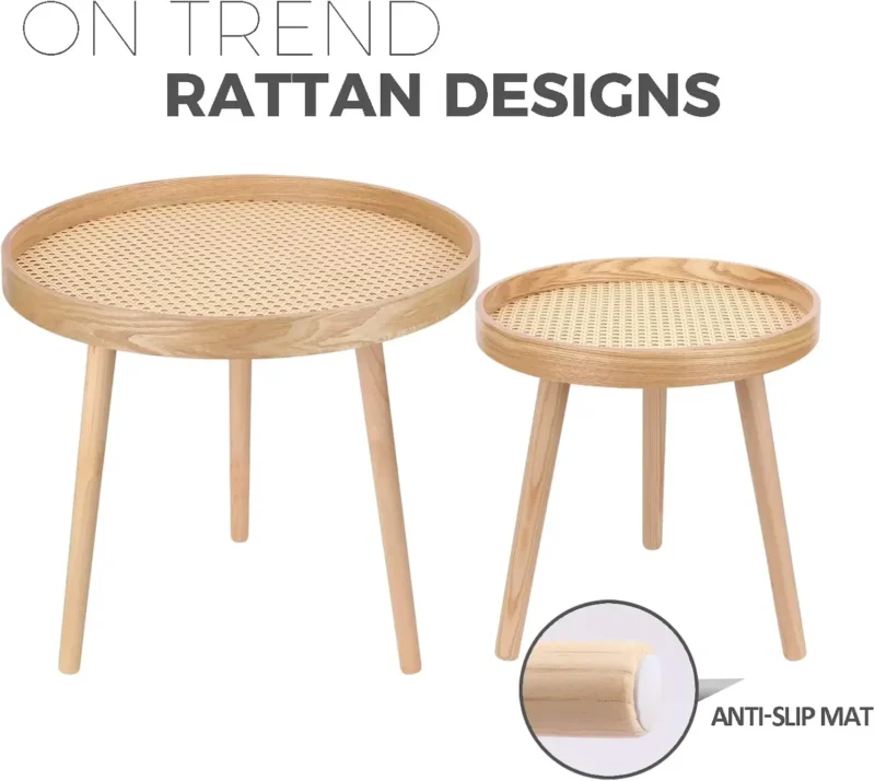 Round Rattan Nesting Coffee Tables Set of 2 Mid-Century Modern Side End Tables - Image 4