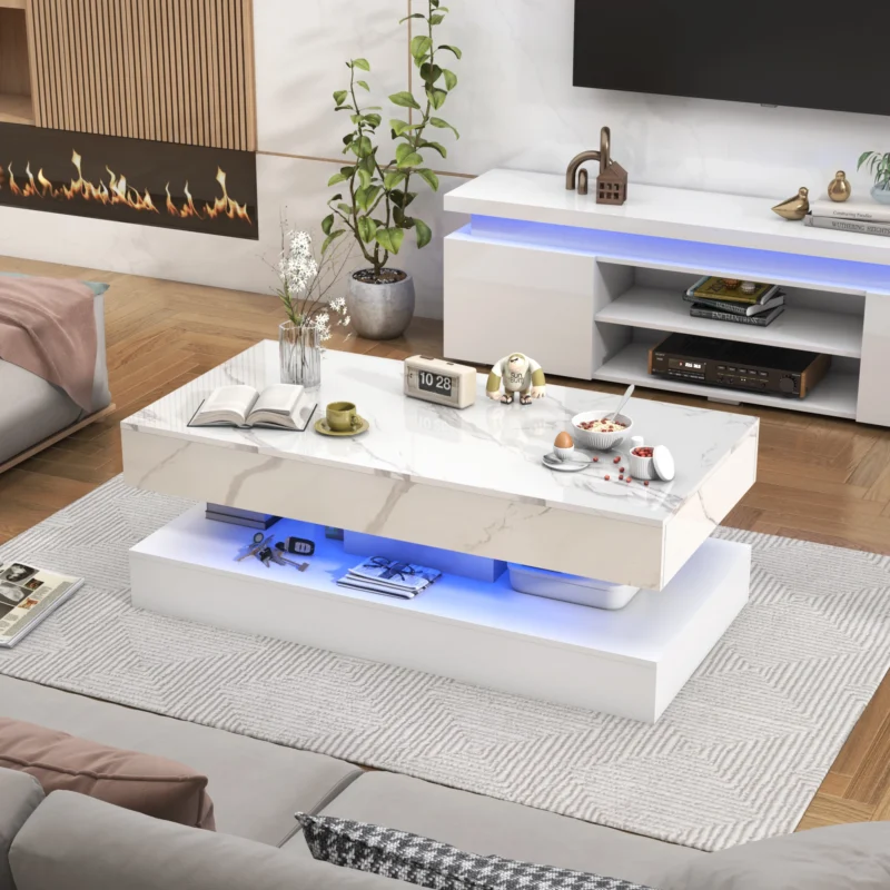 Rectangular LED Coffee Table with Storage Drawers and Double-Layer Design - Image 4