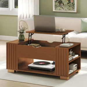 Square Fluted Wood Mid-Century Modern Coffee Table with Lift Top Storage