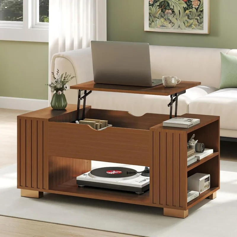 Square Fluted Wood Mid-Century Modern Coffee Table with Lift Top Storage