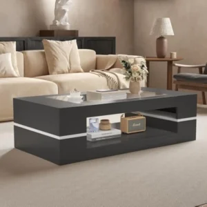Rectangular Glass Top Mid-Century Modern Coffee Table with Storage Shelf