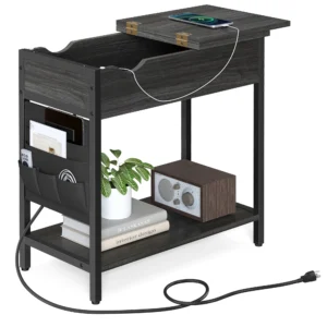 Modern Rectangular Wooden End Table with USB Charging Station and Storage Baskets