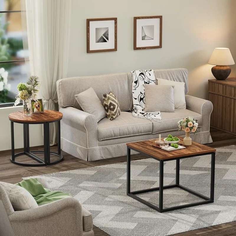 Oval Wooden Mid-Century Modern Coffee Table Set with Metal Frame and 2 Side Tables - Image 5