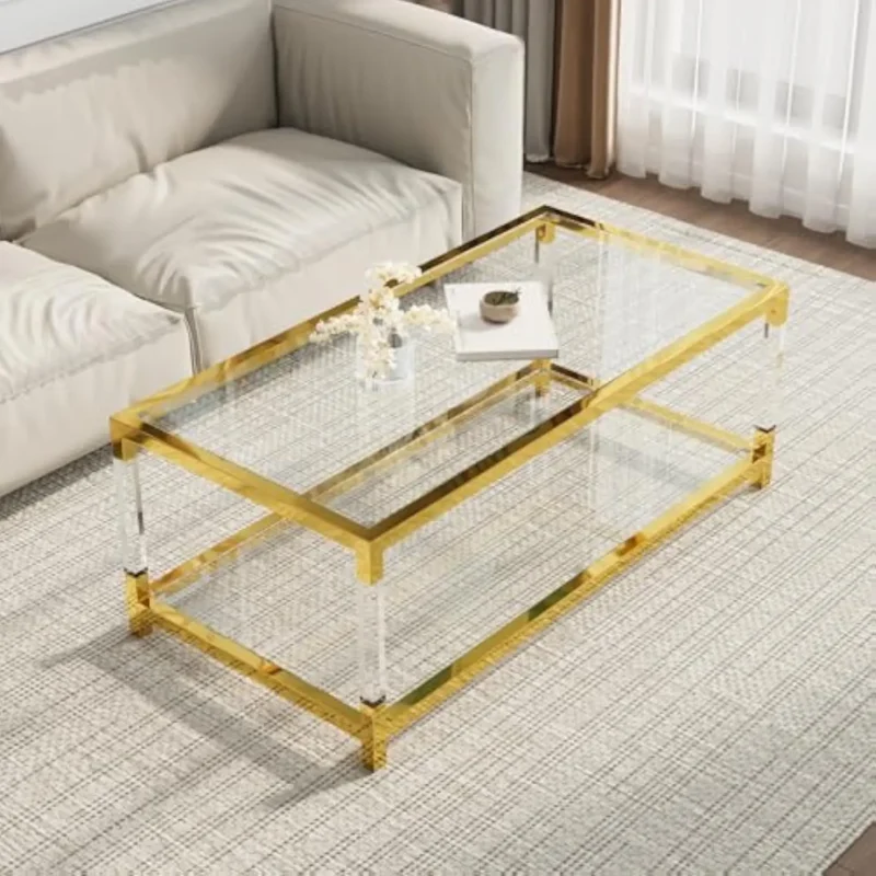Rectangular Glass Coffee Table with Gold Steel Base and Acrylic Legs Mid-Century Modern - Image 4