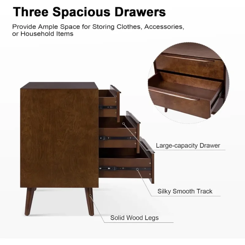 Walnut Wood Mid-Century Modern 3-Drawer Nightstand Set with Charging Station - Image 4