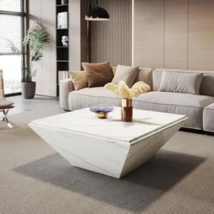 Square Faux Marble Mid-Century Modern Coffee Table with Wooden Base