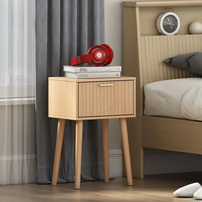 Fluted Door Mid-Century Modern Bedside Tables Set of 2 with Solid Wood Legs - Image 5