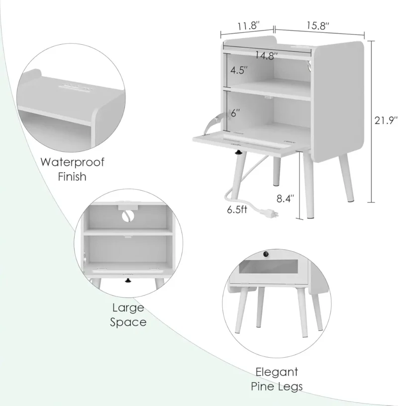 Rectangular Wood Mid-Century Modern Nightstand with Charging Station and Storage Drawer - Image 3