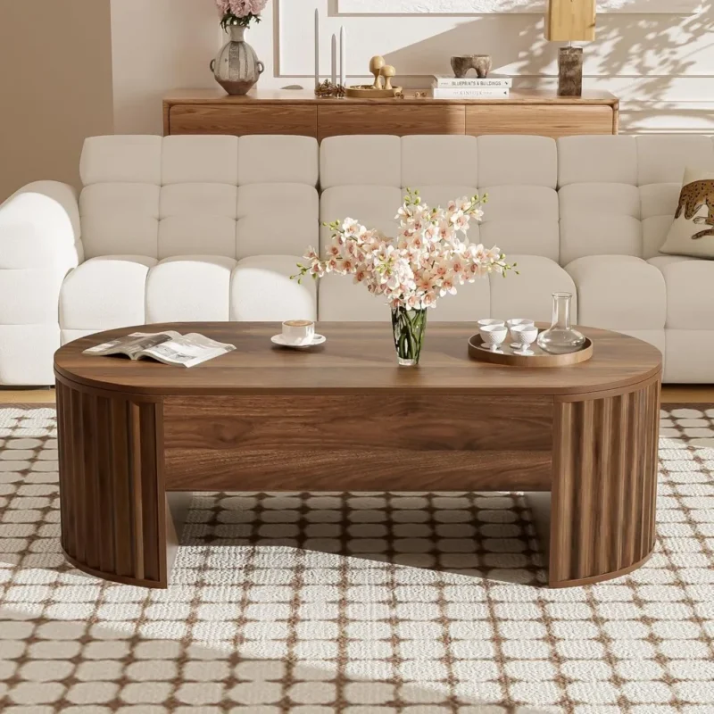 Oval Walnut Lift Top Mid-Century Modern Coffee Table with Storage Compartment - Image 3