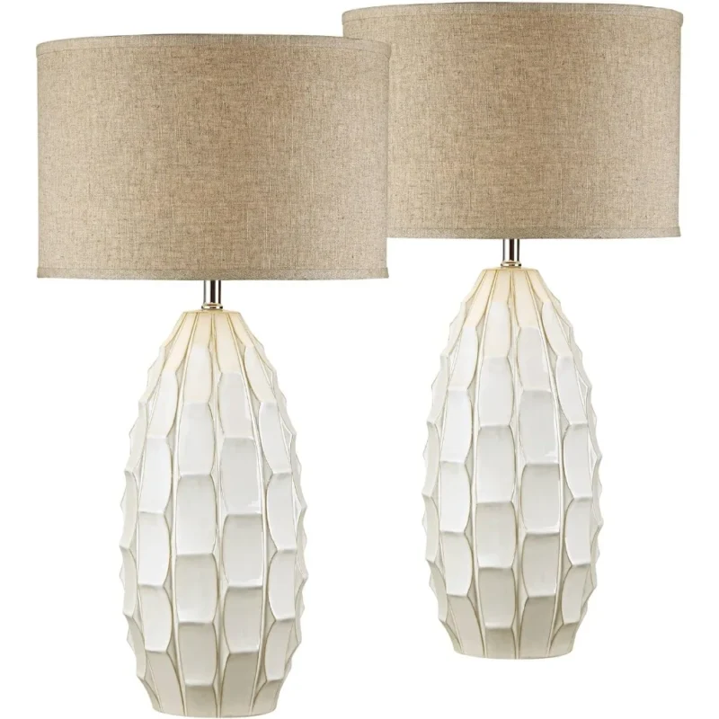 Ceramic Oval Mid-Century Modern Table Lamps Set of 2 - White Living Room Bedroom Bedside Lighting - Image 2