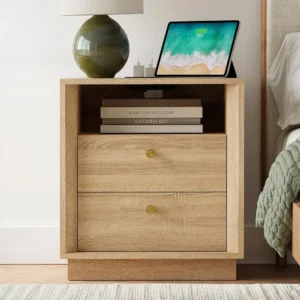 Rectangular Wood Nightstand with Charging Station Mid-Century Modern Bedside Table