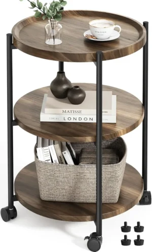 Round 3-Tier Mid-Century Modern Side Table with Wheels for Small Spaces