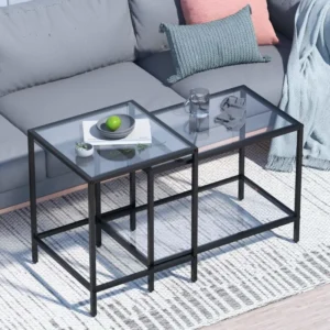 Square Nesting Glass Tables Set of 2 Mid-Century Modern Side Tables Black and Gold