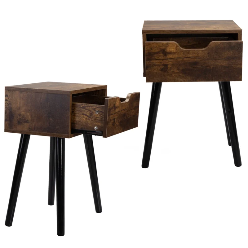 Set of 2 Wood Drawer Side Tables Mid-Century Modern Nightstands Rustic Brown - Image 2