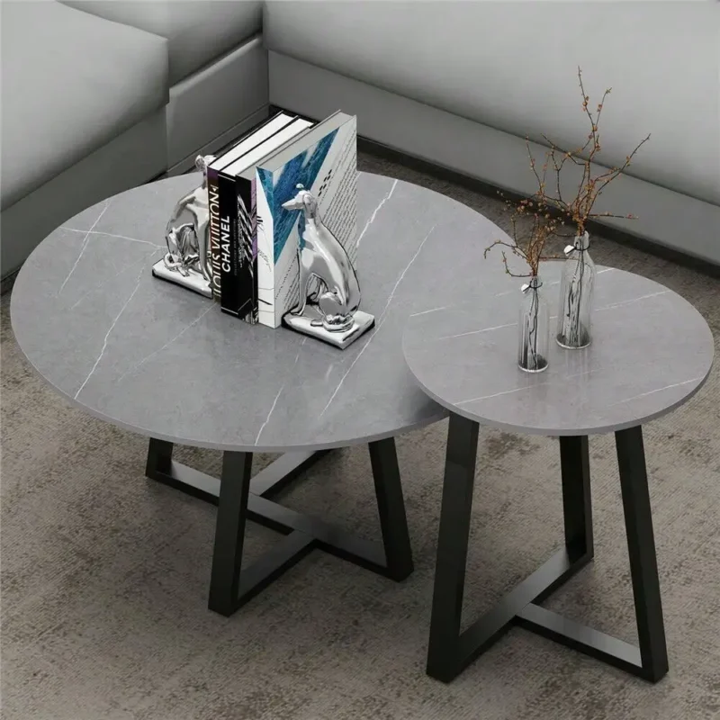 Round Marble Top Nesting Coffee Tables Set with Carbon Steel Base Mid-Century Modern Design - Image 5