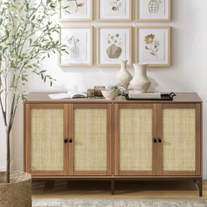 Walnut Rattan Mid-Century Modern Sideboard Cabinet with 4 Doors