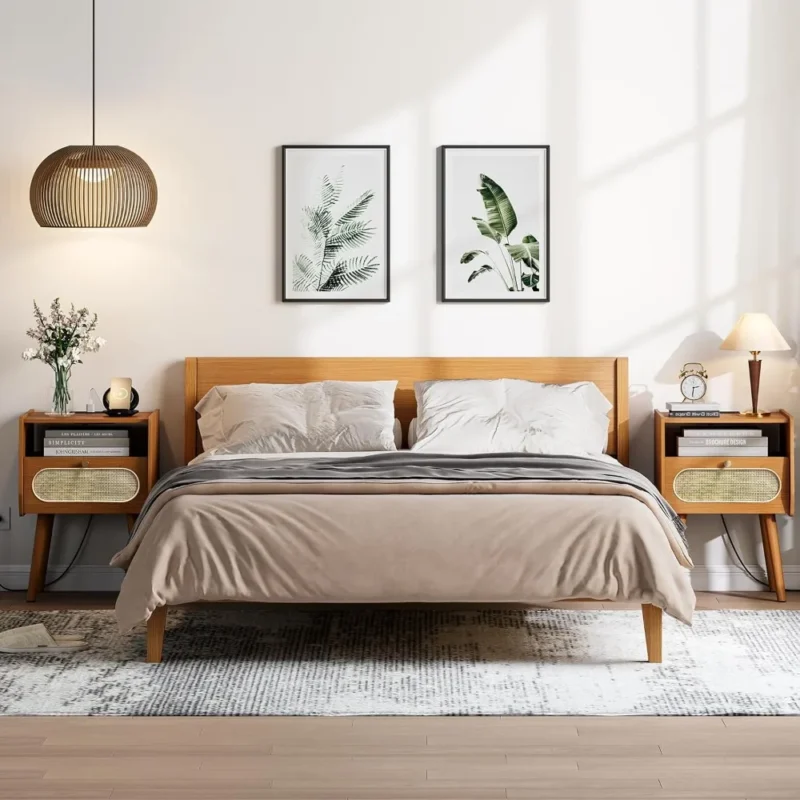 Modern Mid-Century Nightstand Set with Charging Station & Rattan Drawer - Image 5