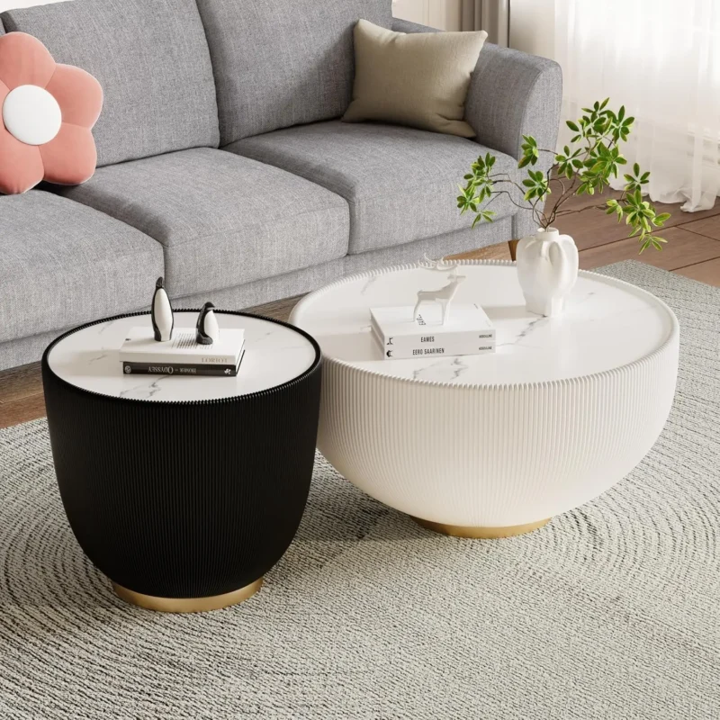 Round White Wood Mid-Century Modern Coffee Table with Textured Detail - Image 7