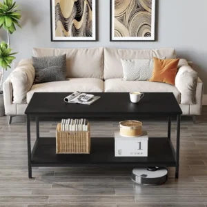 Rectangular Wood Industrial Modern Coffee Table with Storage Shelf