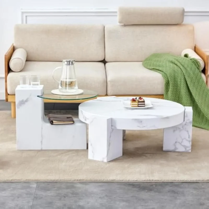 Round Marble Top Mid-Century Modern Coffee Table Set with Glass Side Table - Image 4