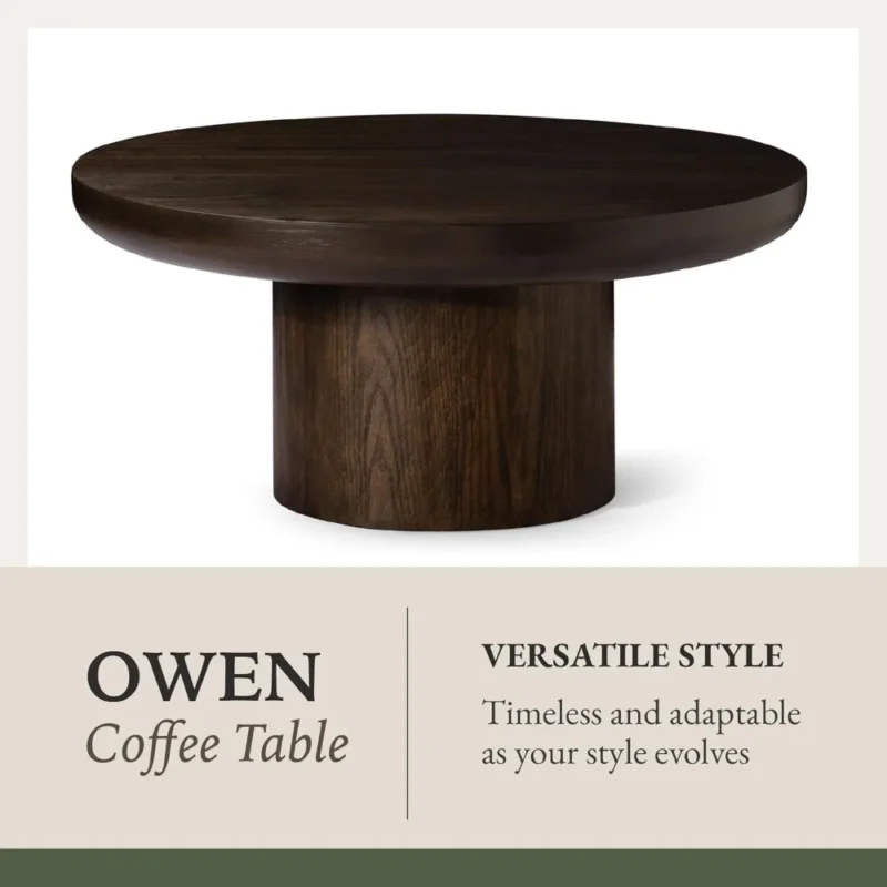 Round Rubber Wood Mid-Century Modern Coffee Table with Pedestal Base - Image 3