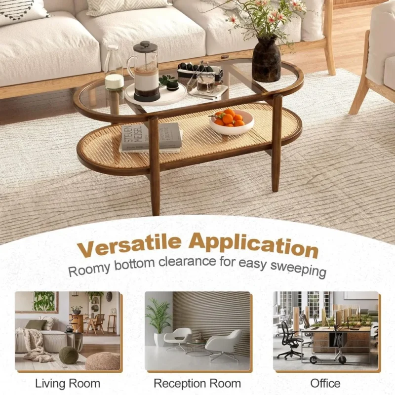 Oval Acacia Wood Mid-Century Modern Coffee Table with Glass Top and Rattan Storage Shelf - Image 5