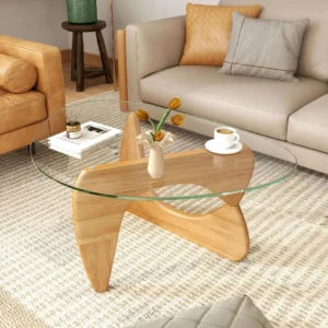 Oval Tempered Glass Mid-Century Modern Coffee Table with Rubber Wood Base