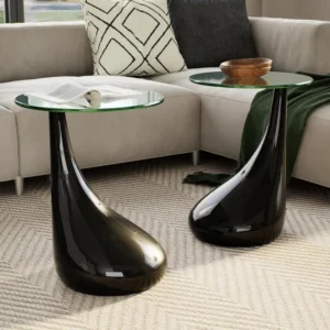 Round Glass Top Mid-Century Modern Coffee Table Set of 2 with Black Frame
