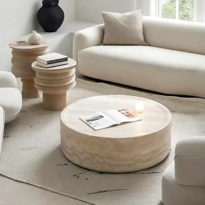 Round Faux Travertine Mid-Century Modern Coffee Table with Fiberglass Base - Image 8
