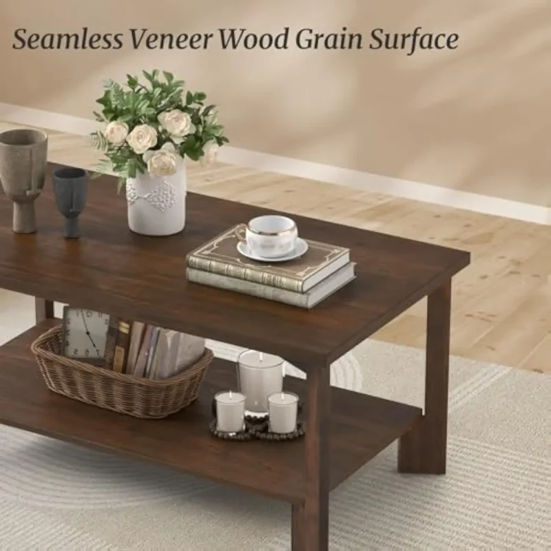 Rectangular Dark Walnut Mid-Century Modern Coffee Table with Storage Shelf - Image 5