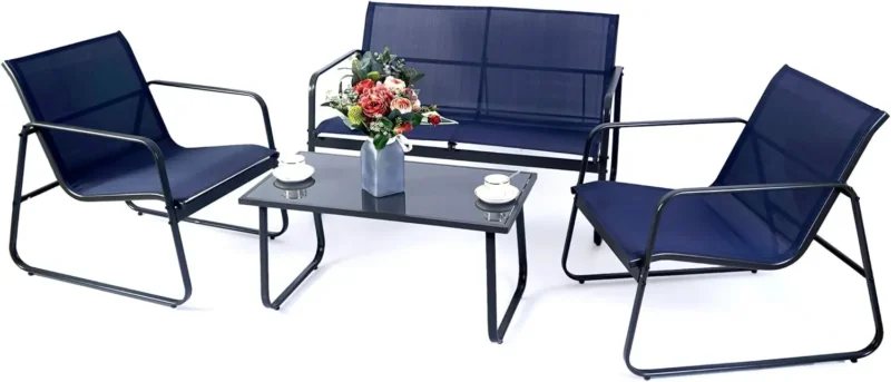 4-Piece Outdoor Conversation Set with Cushioned Chairs and Tempered Glass Coffee Table - Image 9